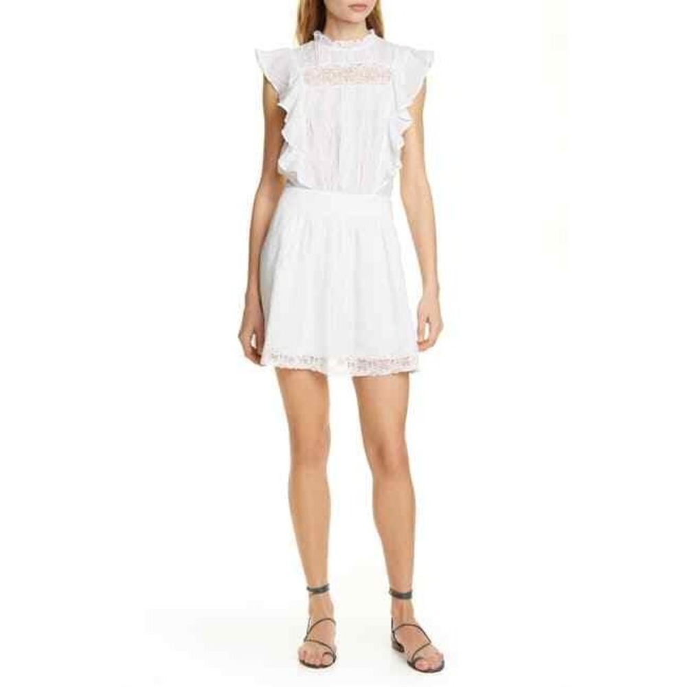 NEW FRAME Lace Pintuck Short Mini Dress with Ruffles Ramie White Boho Festival S